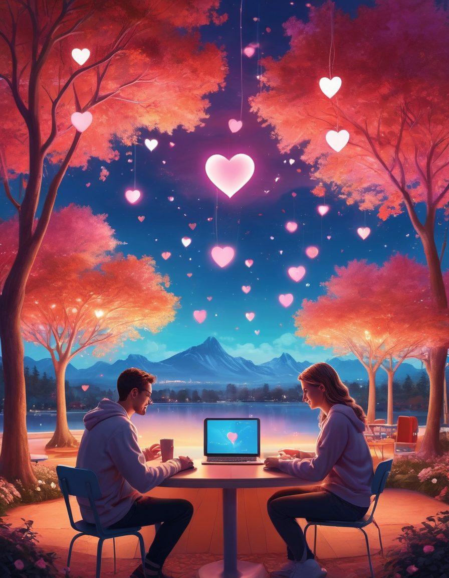A whimsical scene depicting two people sitting by their computers, sharing smiles and messages, with floating heart icons connecting them across a digital landscape. In the background, a blend of virtual worlds and physical elements like a park or coffee shop, symbolizing the blend of online and offline relationships. Soft glowing lights and pastel colors to create a romantic atmosphere. vibrant colors. digital art.