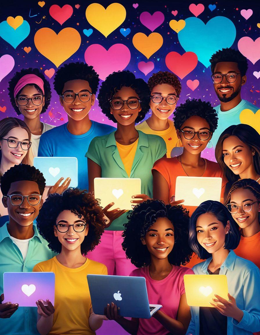 A vibrant digital collage depicting a diverse group of people passionately engaging in online activities, surrounded by glowing pixels and hearts symbolizing affection. In the background, a warm and inviting atmosphere with abstract shapes representing a thriving online community. The scene captures connections through glowing devices, showcasing joy and unity. super-realistic. vibrant colors. 3D.